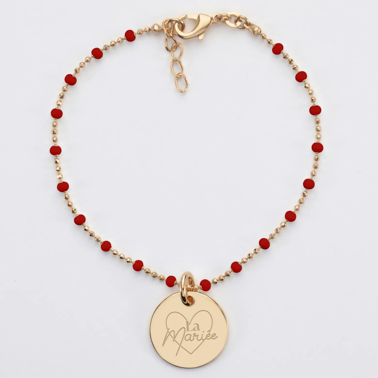 Bracelet perles colorées Mariée personnalisé médaille gravée plaqué or 15 mm