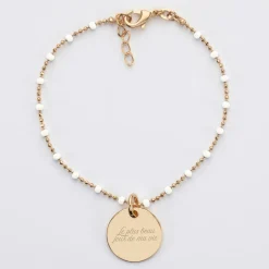 Bracelet perles colorées Mariée personnalisé médaille gravée plaqué or 15 mm