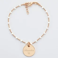 Bracelet perles colorées personnalisé médaille gravée plaqué or 15 mm