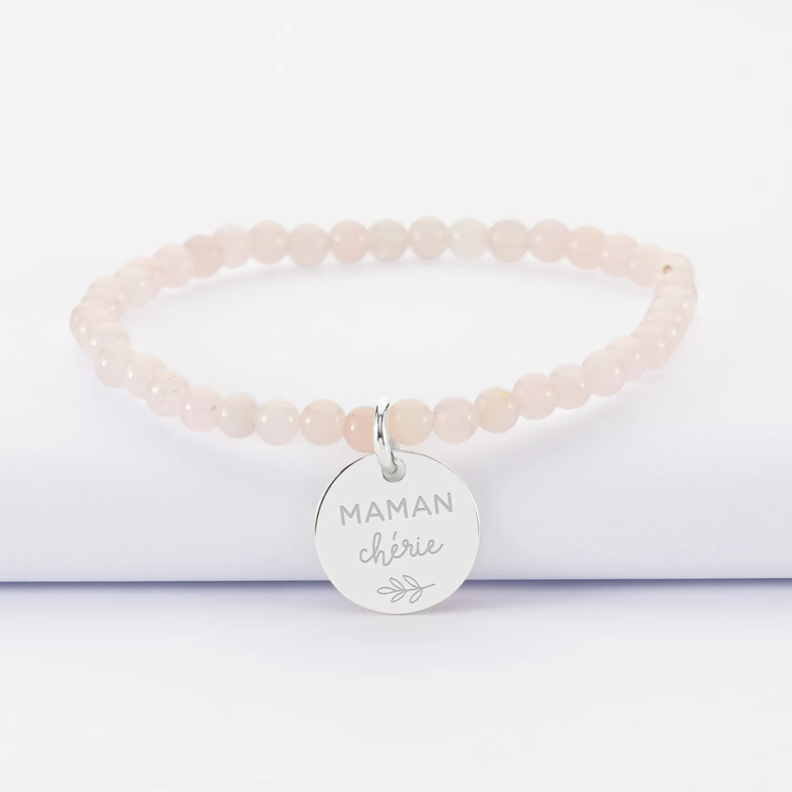 Bracelet perles élastique personnalisé médaille gravée argent ronde 15 mm