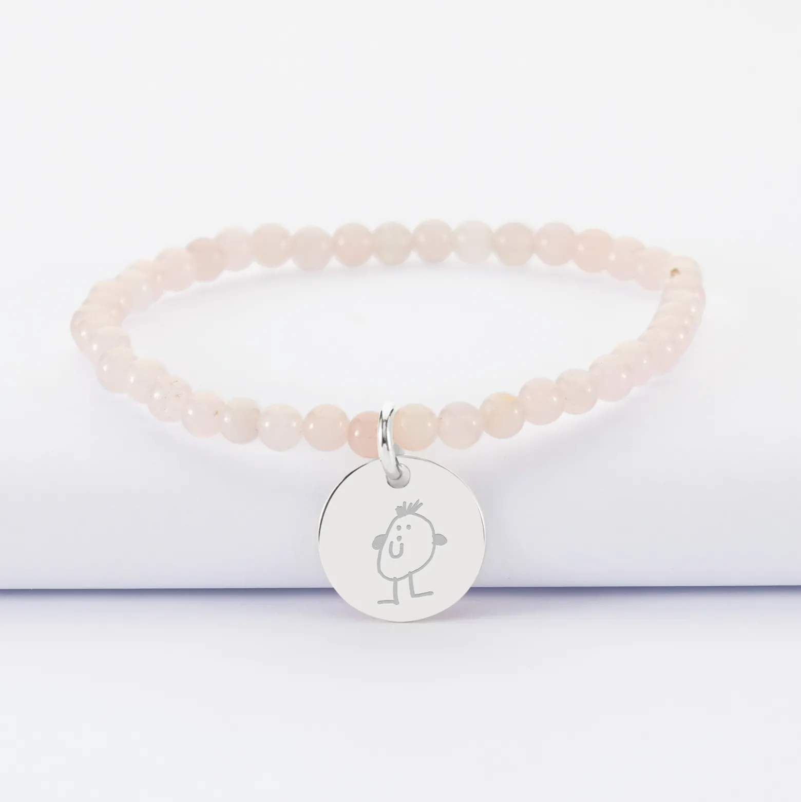 Bracelet perles élastique personnalisé médaille gravée argent ronde 15 mm