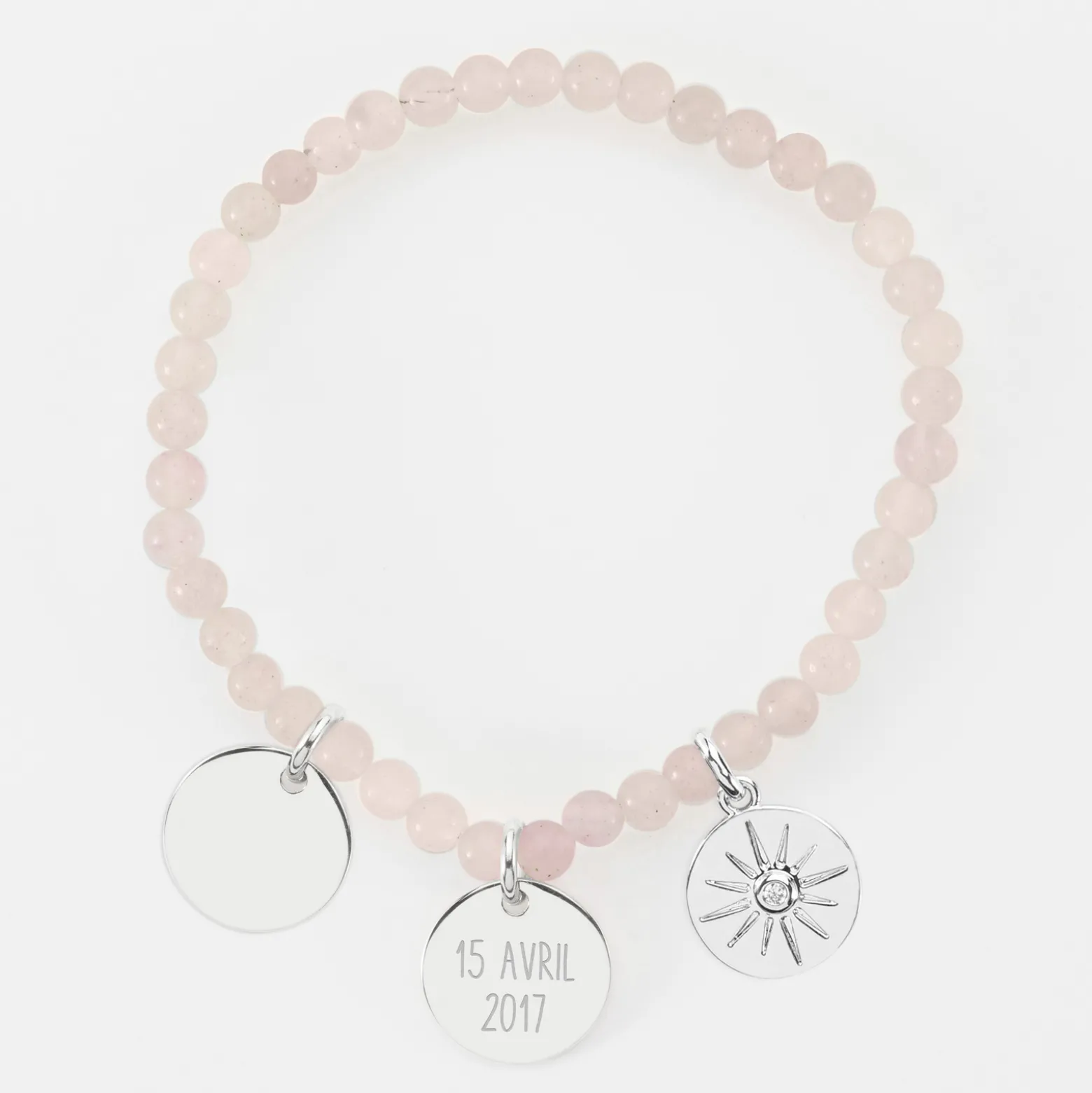 Bracelet perles élastique personnalisé médaille gravée argent ronde 15 mm