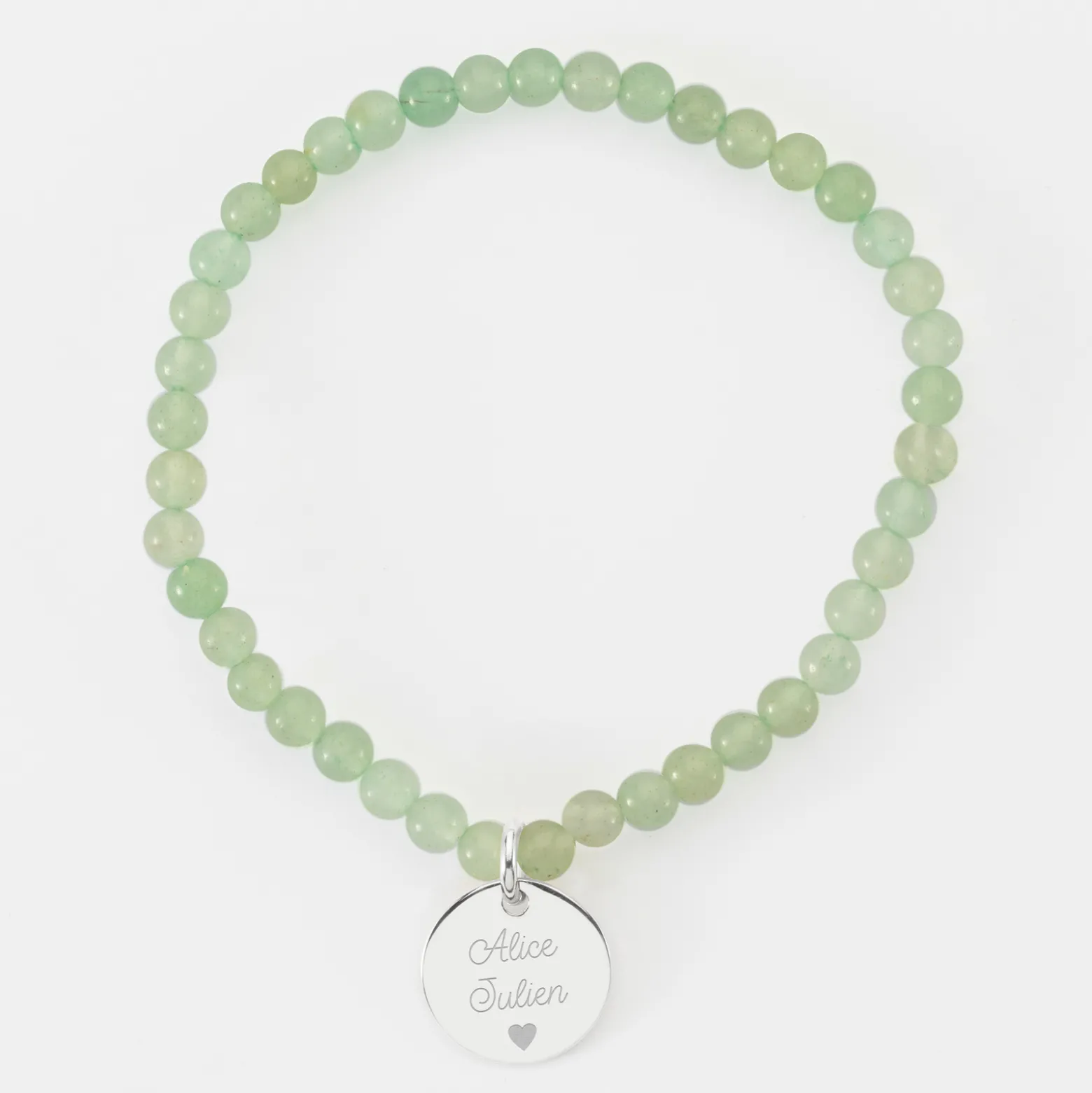 Bracelet perles élastique personnalisé médaille gravée argent ronde 15 mm