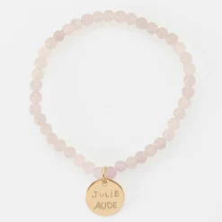 Bracelet perles élastique personnalisé médaille gravée plaqué or ronde 15 mm