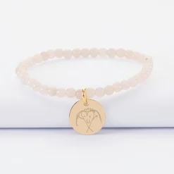 Bracelet perles élastique personnalisé médaille gravée plaqué or ronde 15 mm