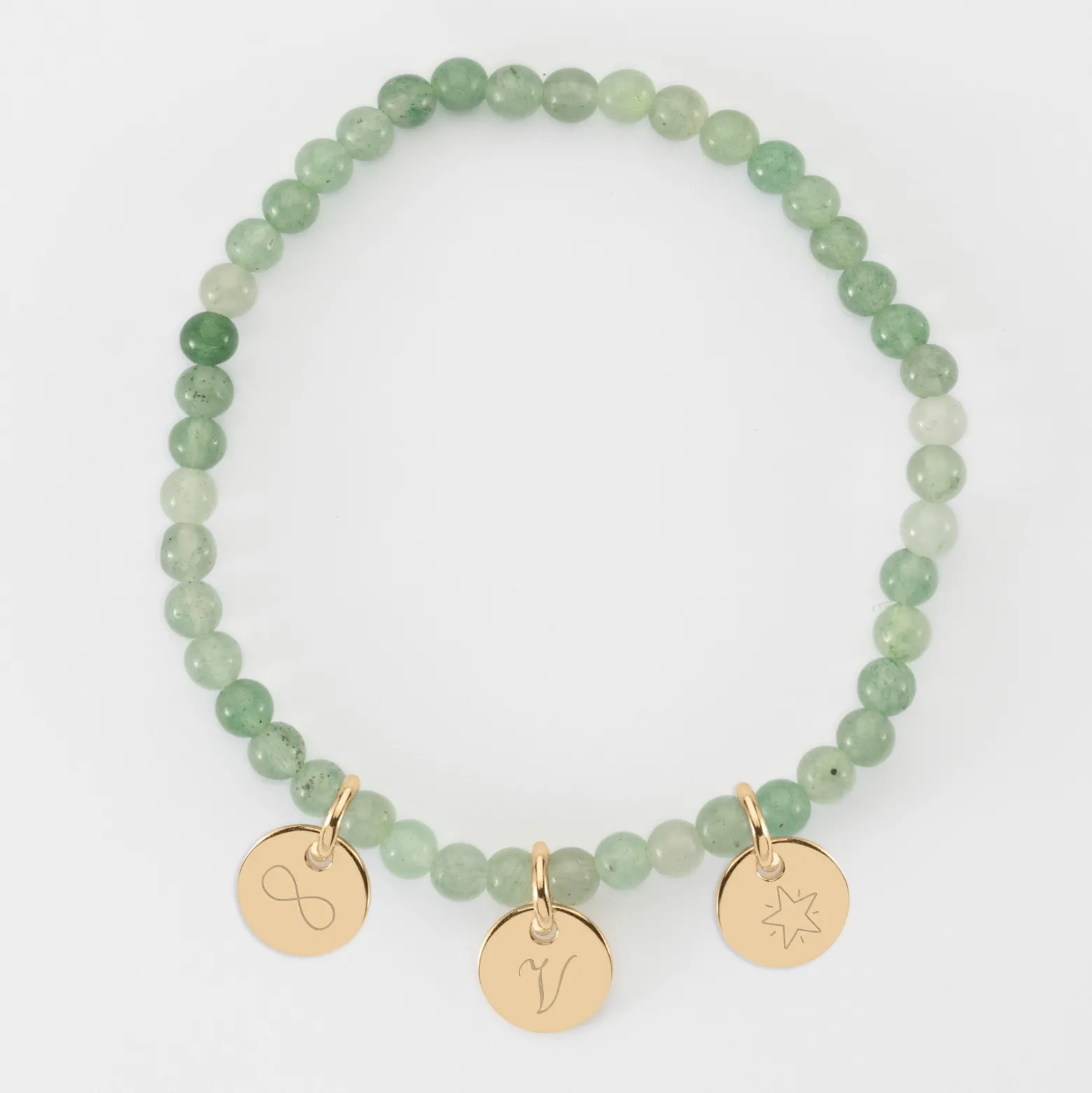 Bracelet perles élastique personnalisé médaille gravée plaqué or ronde 10 mm