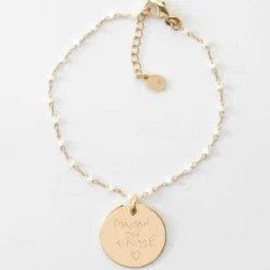 Bracelet perles Miyuki colorées personnalisé médaille gravée plaqué or 19 mm