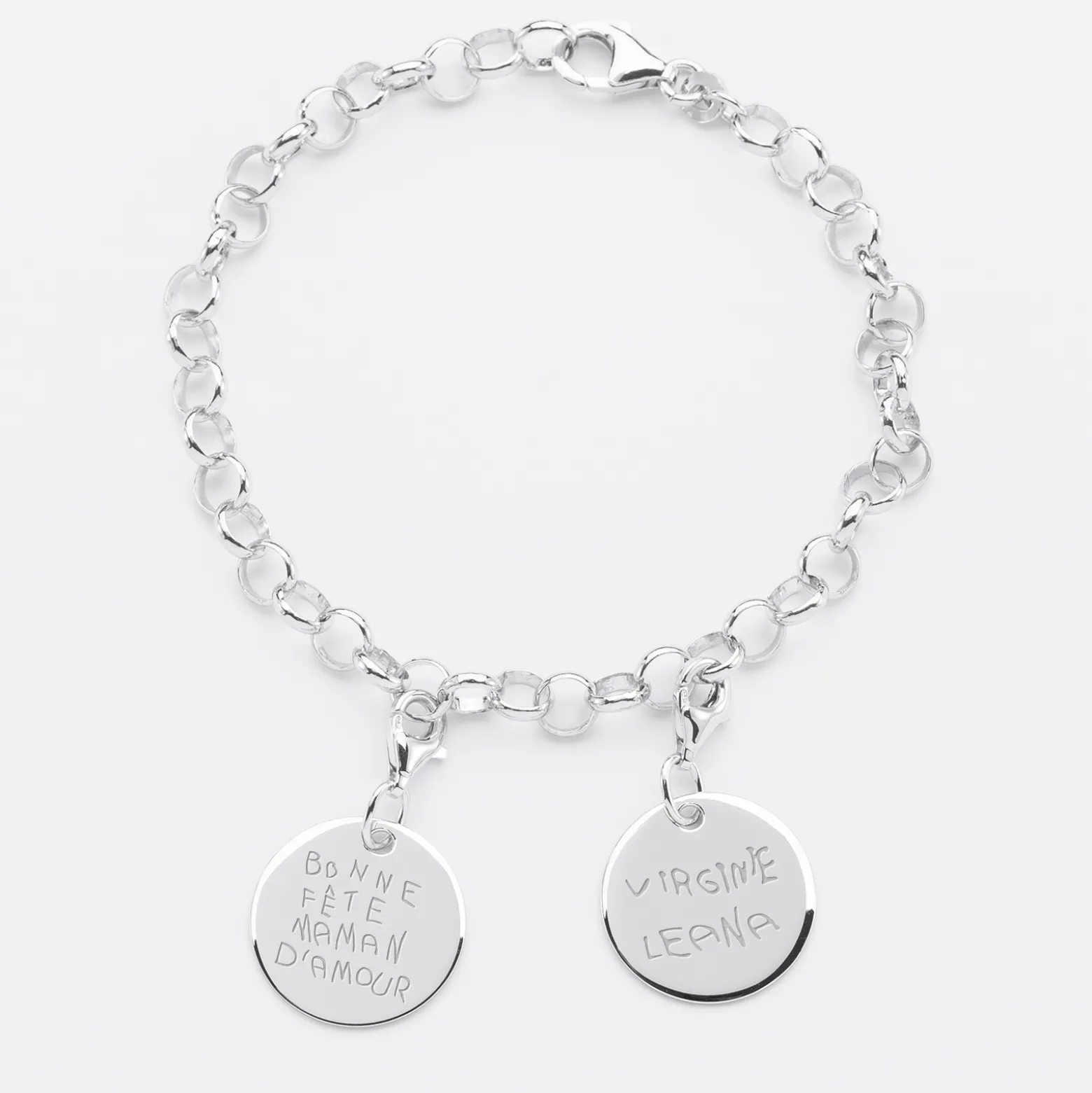 Bracelet personnalisé 2 charms gravés argent 17mm