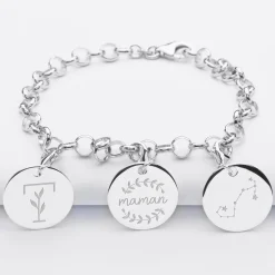 Bracelet personnalisé 3 charms gravés argent 17mm