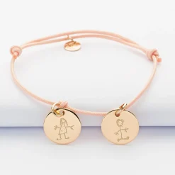Bracelet personnalisé 2 médailles gravées plaqué or dormeuses 15mm
