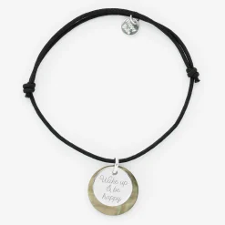 Bracelet personnalisé breloque nacre noire 19 mm et médaille gravée argent 15 mm