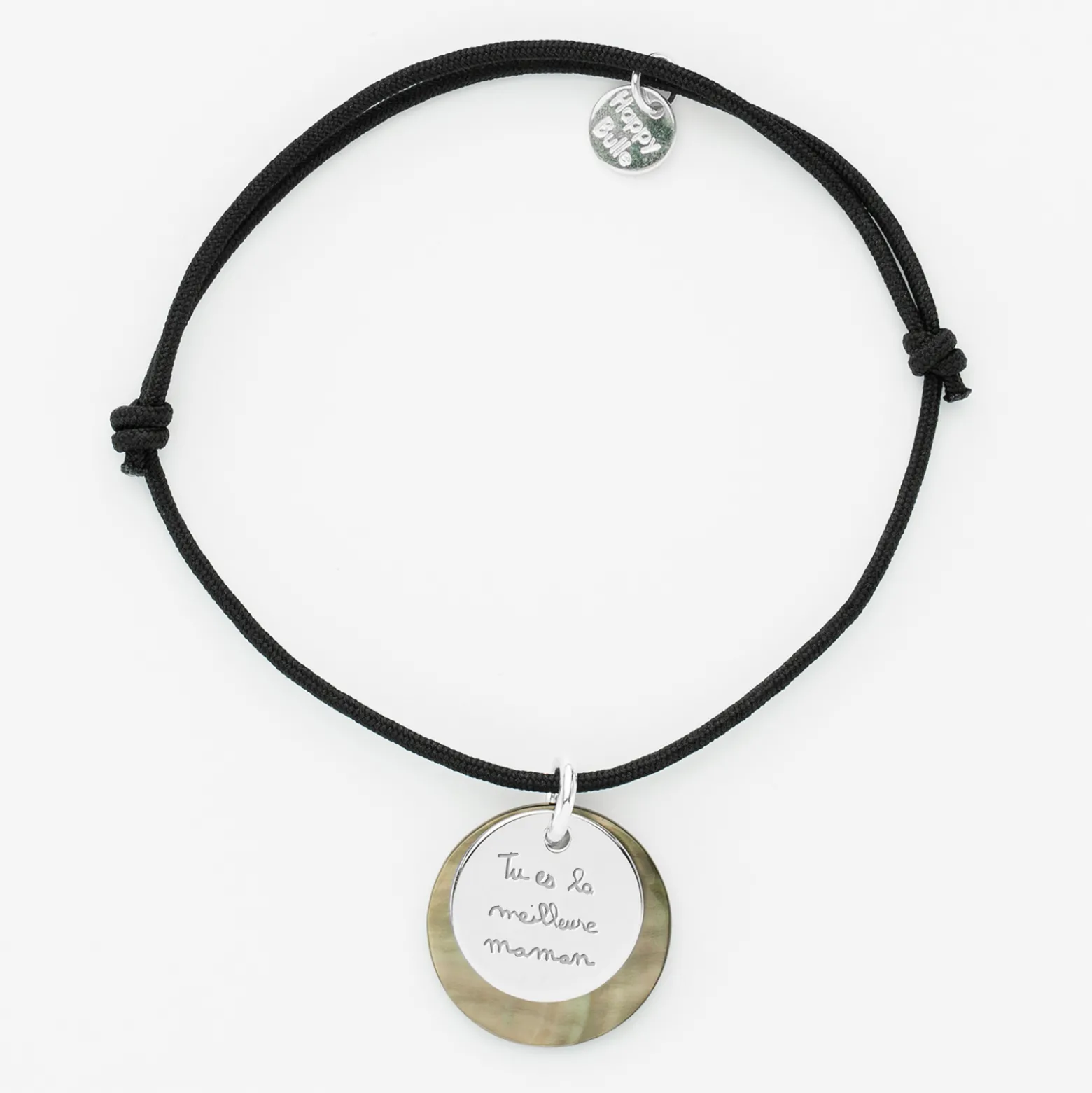 Bracelet personnalisé breloque nacre noire 19 mm et médaille gravée argent 15 mm