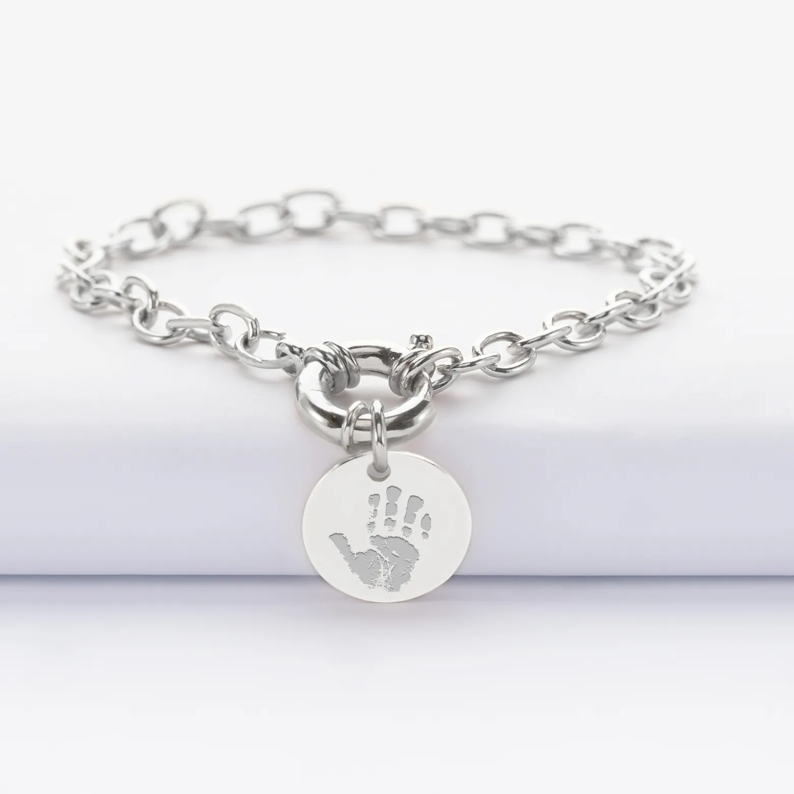 Bracelet personnalisé chaine fermoir marin médaille gravée argent 15 mm