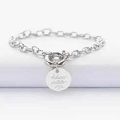 Bracelet personnalisé chaine fermoir marin médaille gravée argent 15 mm