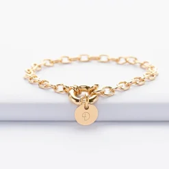 Bracelet personnalisé chaine fermoir marin médaille gravée plaqué or 10 mm