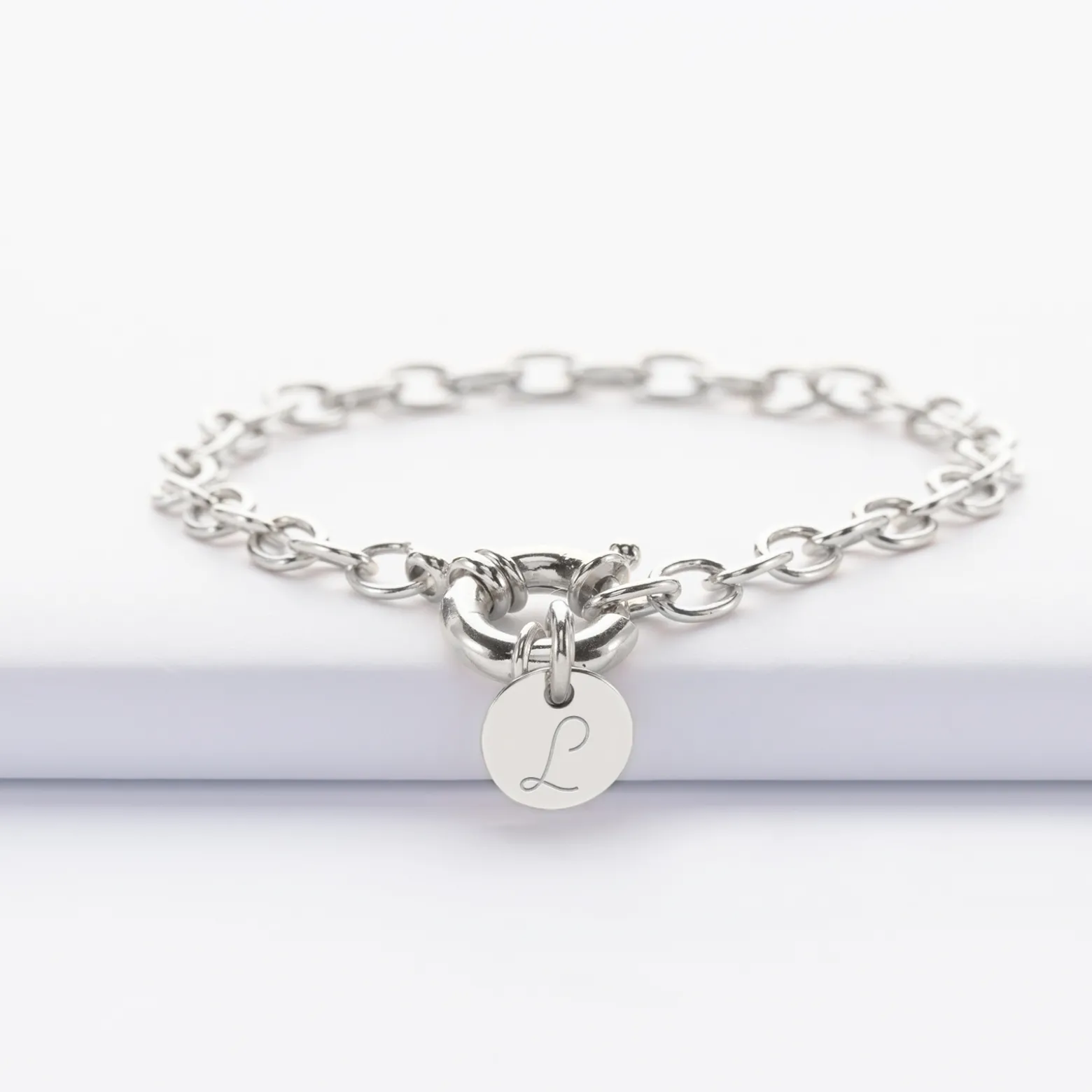 Bracelet personnalisé chaine fermoir marin médaille gravée argent 10 mm