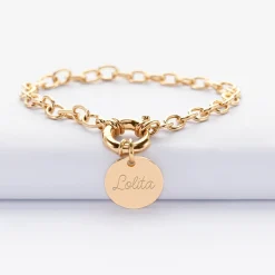 Bracelet personnalisé chaine fermoir marin médaille gravée plaqué or 15 mm