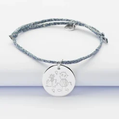 Bracelet personnalisé cordon pailleté médaille gravée argent 19 mm