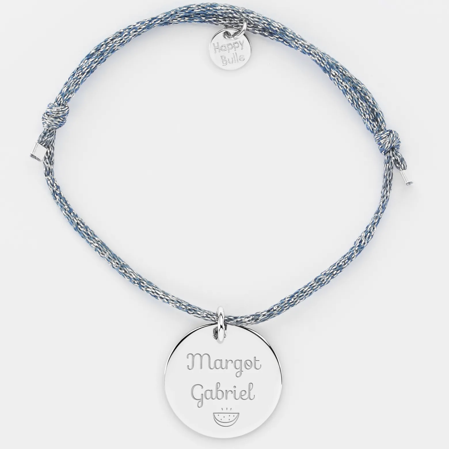 Bracelet personnalisé cordon pailleté médaille gravée argent 19 mm