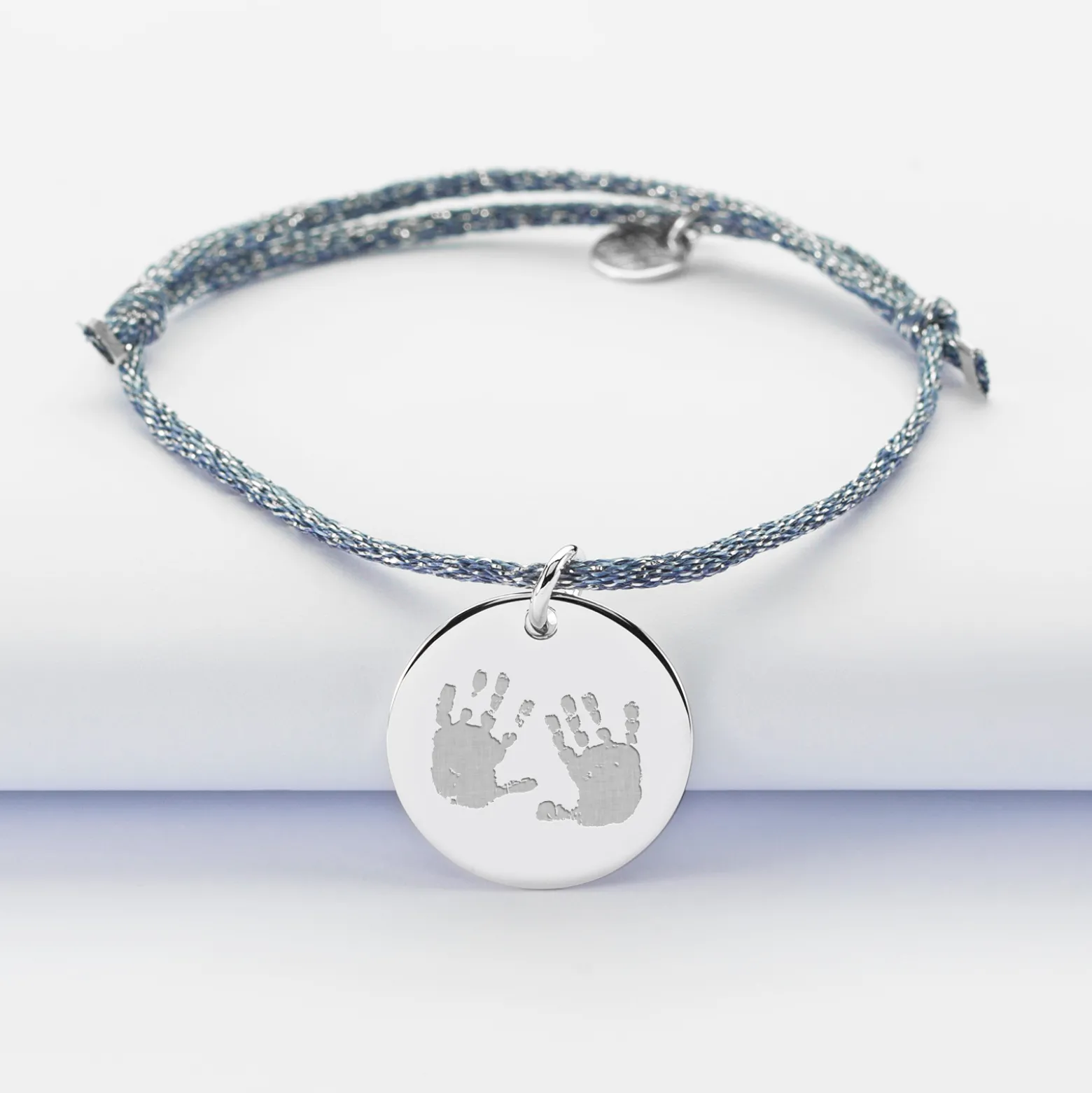 Bracelet personnalisé cordon pailleté médaille gravée argent 19 mm