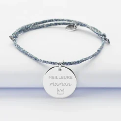 Bracelet personnalisé cordon pailleté médaille gravée argent 19 mm