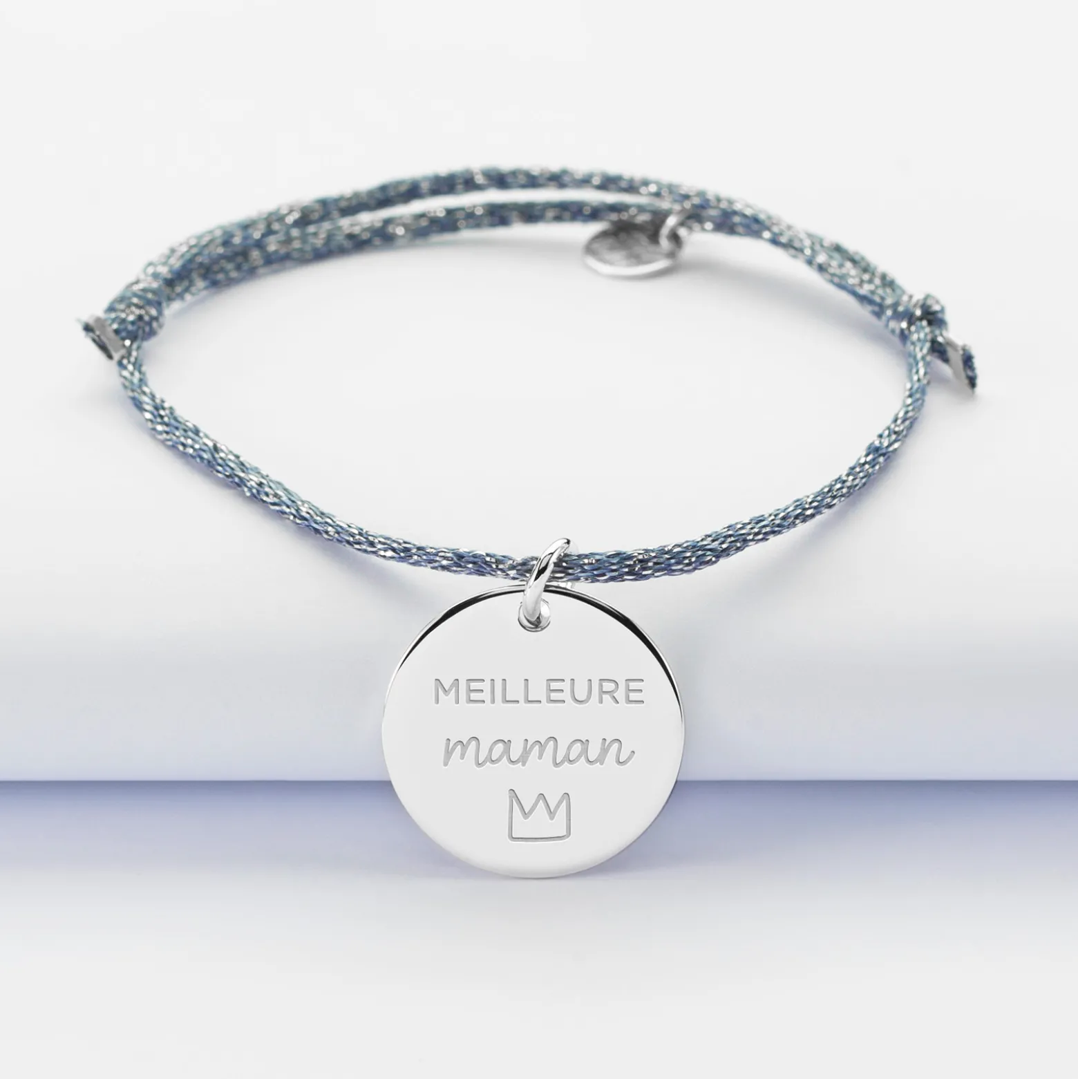 Bracelet personnalisé cordon pailleté médaille gravée argent 19 mm
