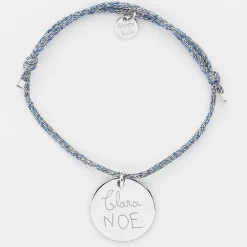 Bracelet personnalisé cordon pailleté médaille gravée argent 19 mm