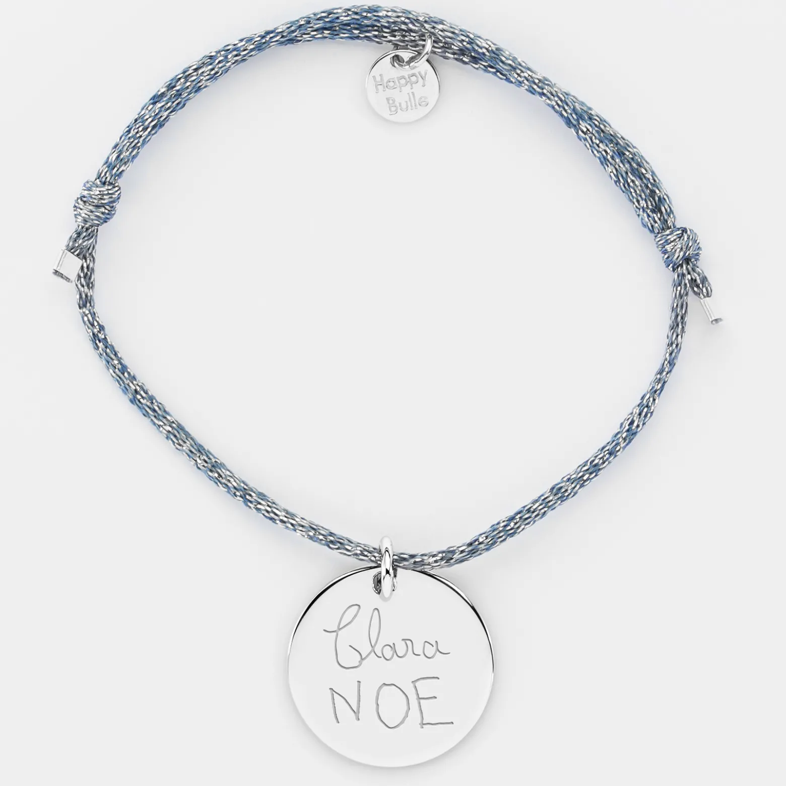 Bracelet personnalisé cordon pailleté médaille gravée argent 19 mm