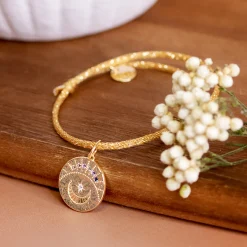Bracelet personnalisé cordon pailleté médaille Lune zircons crépuscule gravée plaqué or 16 mm
