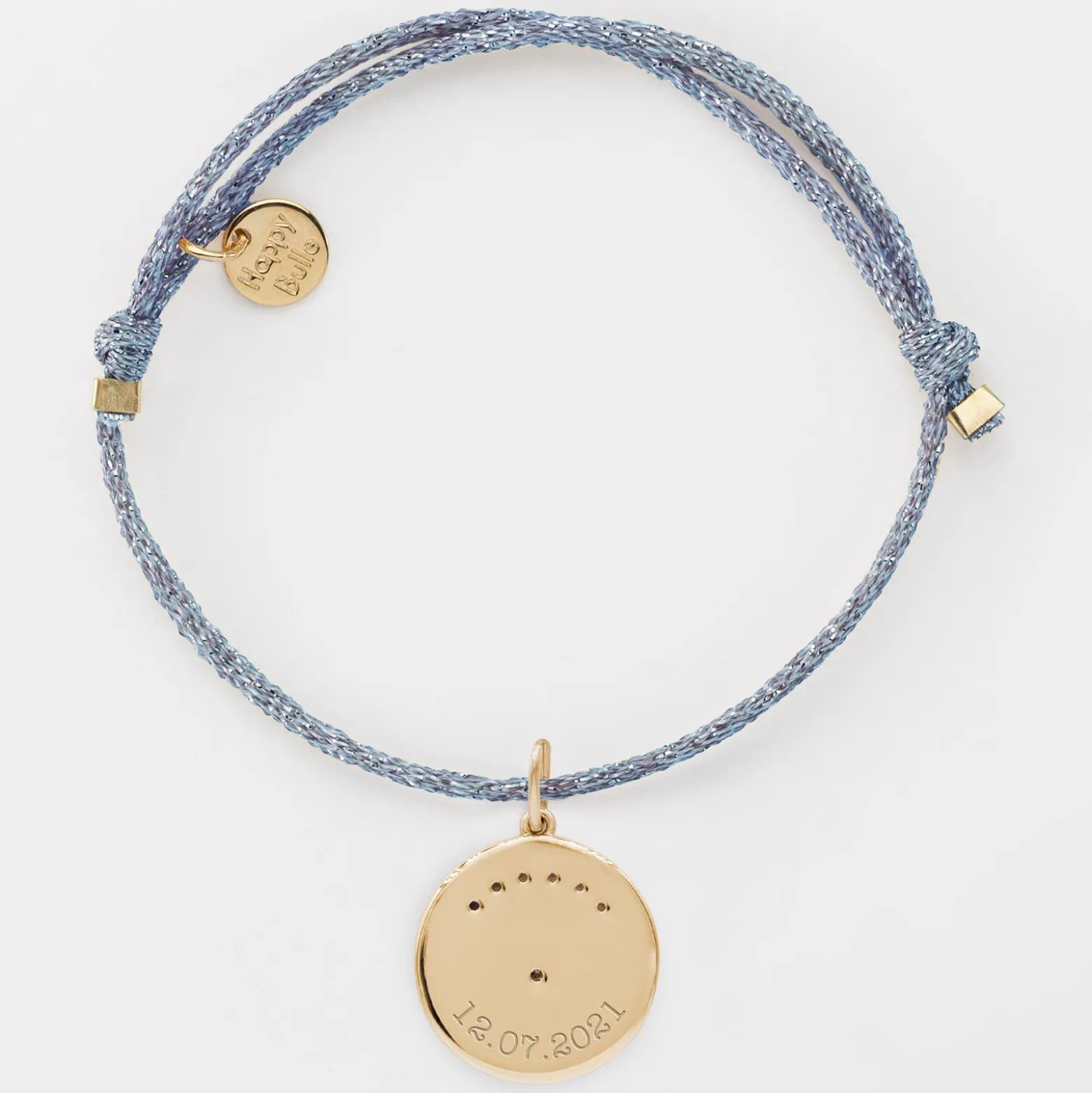 Bracelet personnalisé cordon pailleté médaille Lune zircons crépuscule gravée plaqué or 16 mm