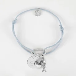 Bracelet personnalisé cordon mousqueton perle 17x11 mm médaille gravée argent 15 mm et breloque(s) summer - à composer