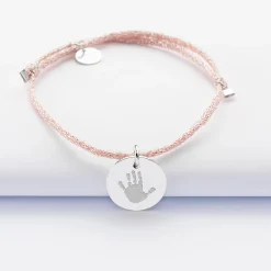 Bracelet personnalisé cordon pailleté médaille gravée argent 15 mm - Nos petits imparfaits