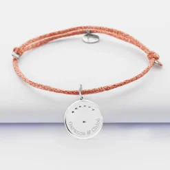 Bracelet personnalisé cordon pailleté médaille Lune zircons crépuscule gravée argent 16 mm