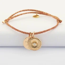Bracelet personnalisé cordon pailleté médaille gravée plaqué or 15 mm et breloque tournesol scintillant 14 mm