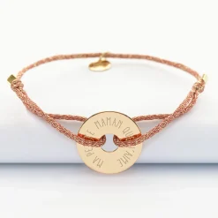 Bracelet personnalisé cordon pailleté médaille gravée plaqué or cible 20 mm