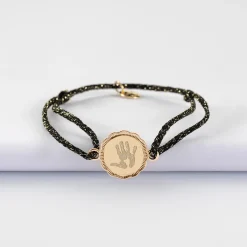 Bracelet personnalisé cordon pailleté médaille contour fleur gravée plaqué or 2 trous 15 mm