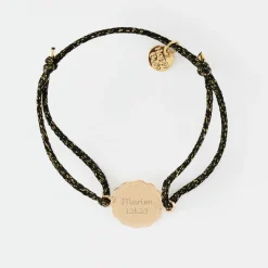 Bracelet personnalisé cordon pailleté médaille contour fleur gravée plaqué or 2 trous 15 mm