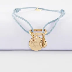Bracelet personnalisé cordon mousqueton perle 17x11 mm médaille gravée plaqué or 15 mm et breloque(s) summer - à composer