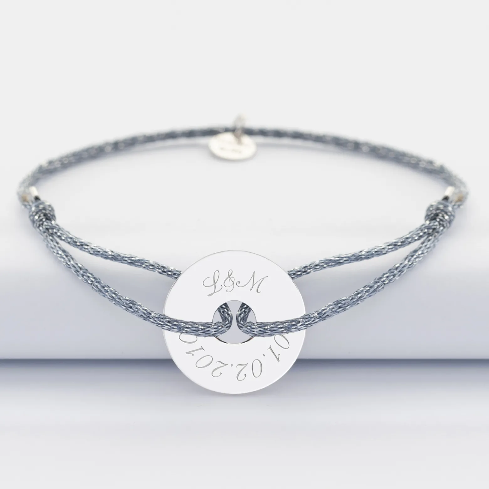 Bracelet personnalisé cordon pailleté médaille gravée argent cible 20 mm