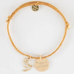 Bracelet personnalisé cordon pailleté médaille gravée plaqué or 15 mm et breloque colombe 18 mm