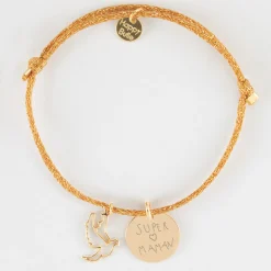Bracelet personnalisé cordon pailleté médaille gravée plaqué or 15 mm et breloque colombe 18 mm