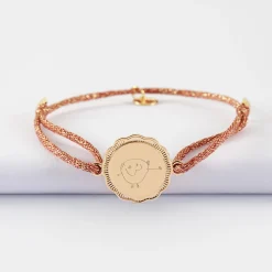 Bracelet personnalisé cordon pailleté médaille contour fleur gravée plaqué or 2 trous 18 mm
