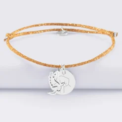 Bracelet personnalisé cordon pailleté médaille gravée argent 15 mm et breloque colombe 18 mm
