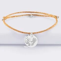 Bracelet personnalisé cordon pailleté médaille gravée argent 15 mm et breloque colombe 18 mm