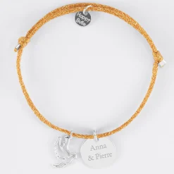 Bracelet personnalisé cordon pailleté médaille gravée argent 15 mm et breloque colombe 18 mm