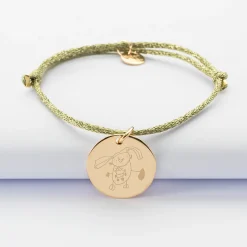 Bracelet personnalisé cordon pailleté médaille gravée plaqué or 19 mm