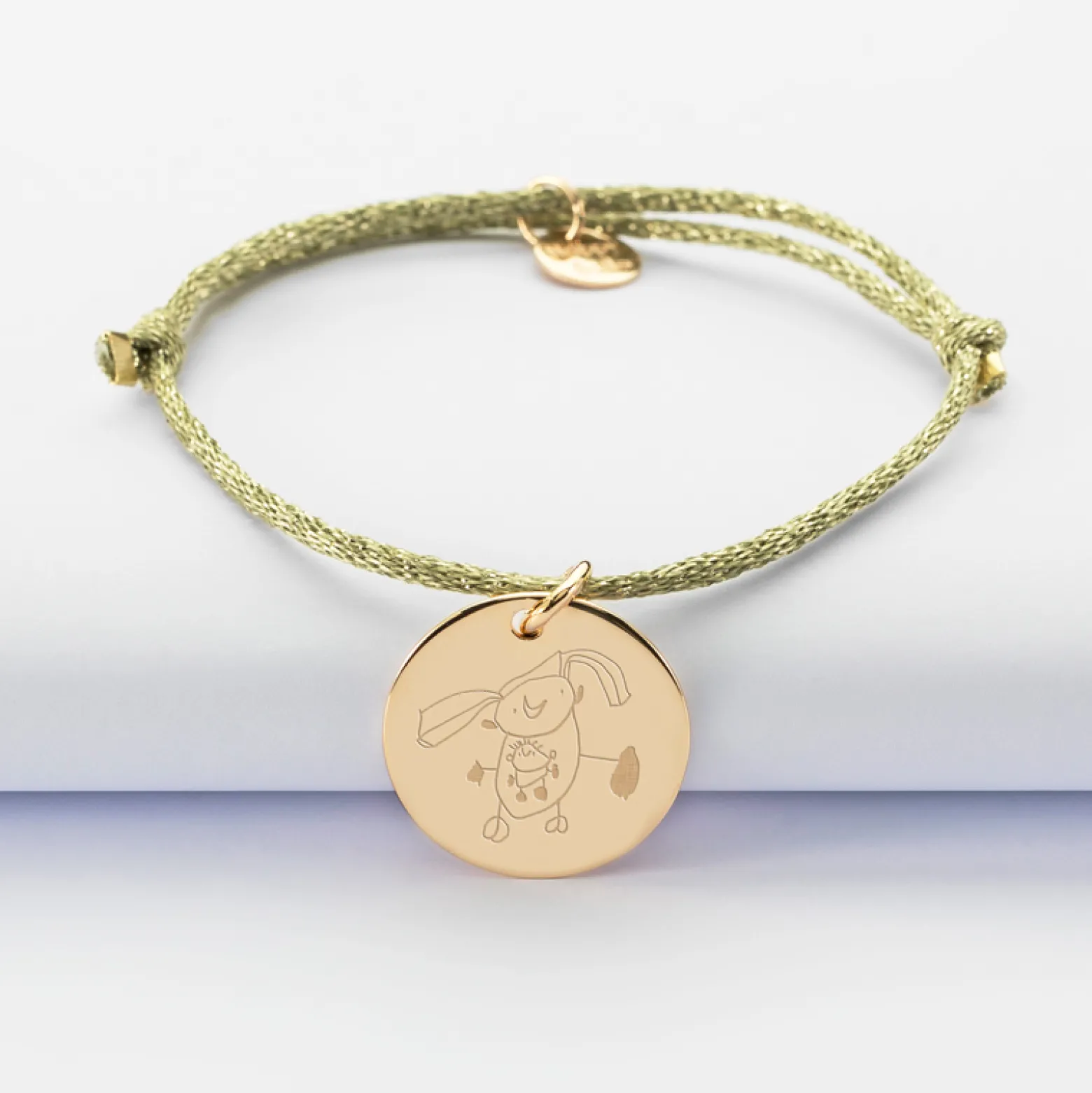 Bracelet personnalisé cordon pailleté médaille gravée plaqué or 19 mm
