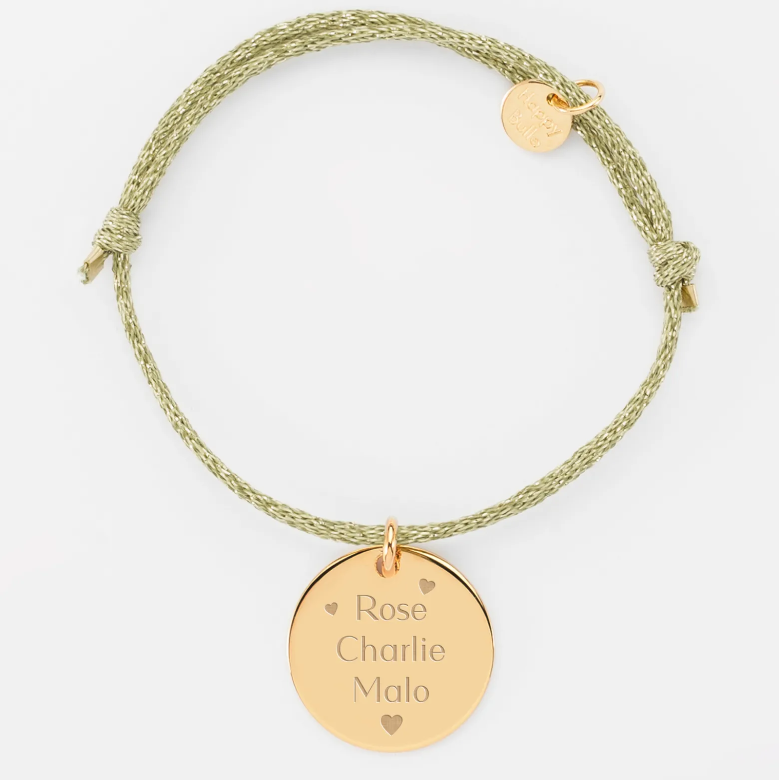 Bracelet personnalisé cordon pailleté médaille gravée plaqué or 19 mm