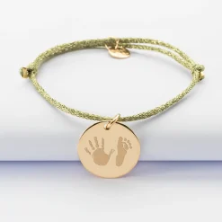 Bracelet personnalisé cordon pailleté médaille gravée plaqué or 19 mm