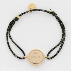 Bracelet personnalisé cordon pailleté médaille réversible Eternelle gravée plaqué or 2 trous 16 mm